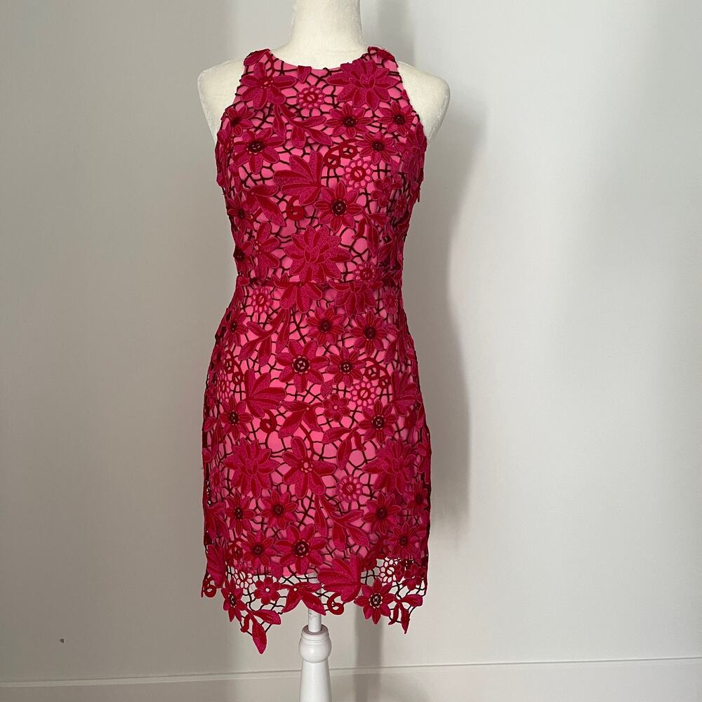 Adelyn Rae Mila Lace Floral Embroidered Mini Sheath Dress Red Pink - Picture 2 of 7